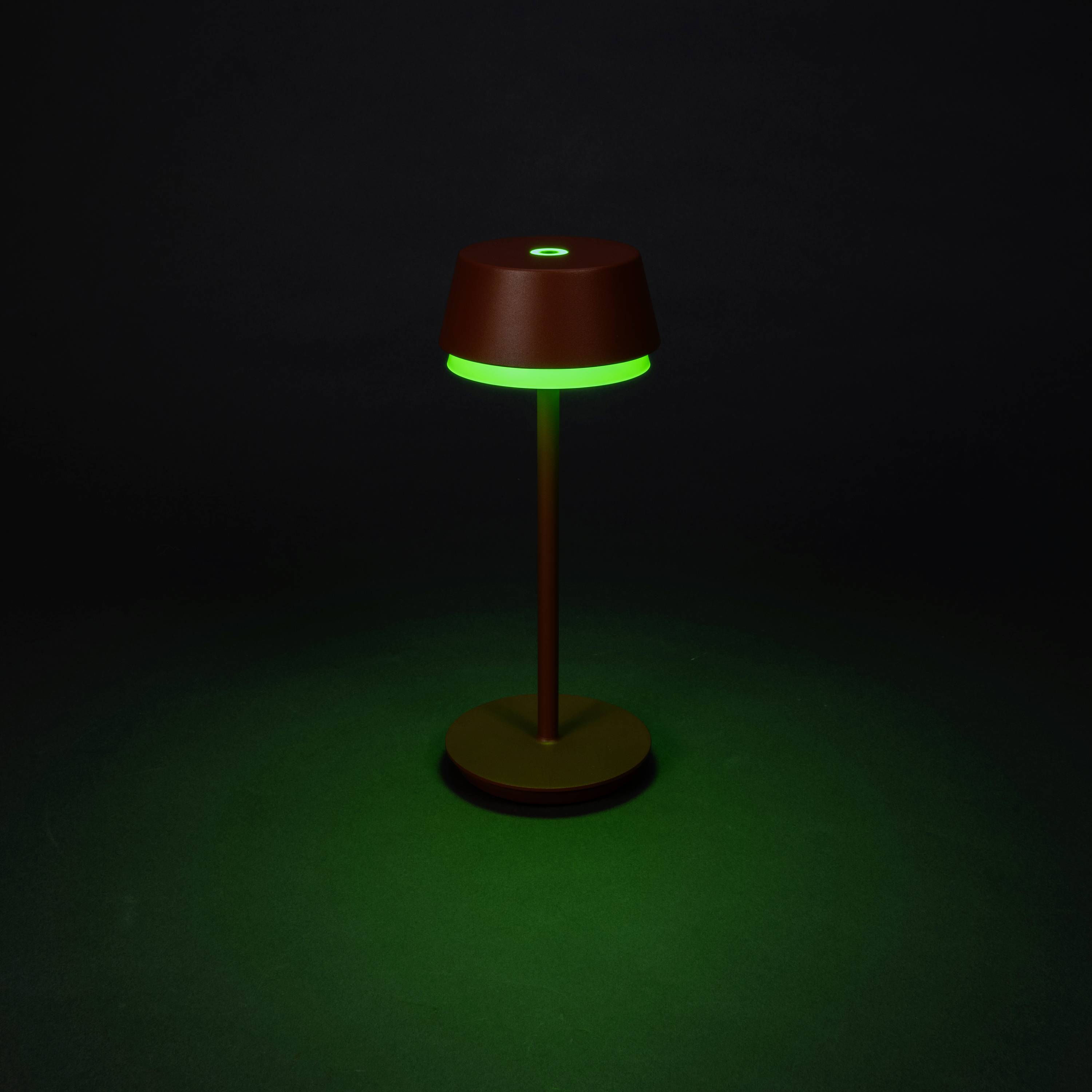 Una moderna lampada da tavolo con involucro marrone illuminata di luce verde su uno sfondo scuro.