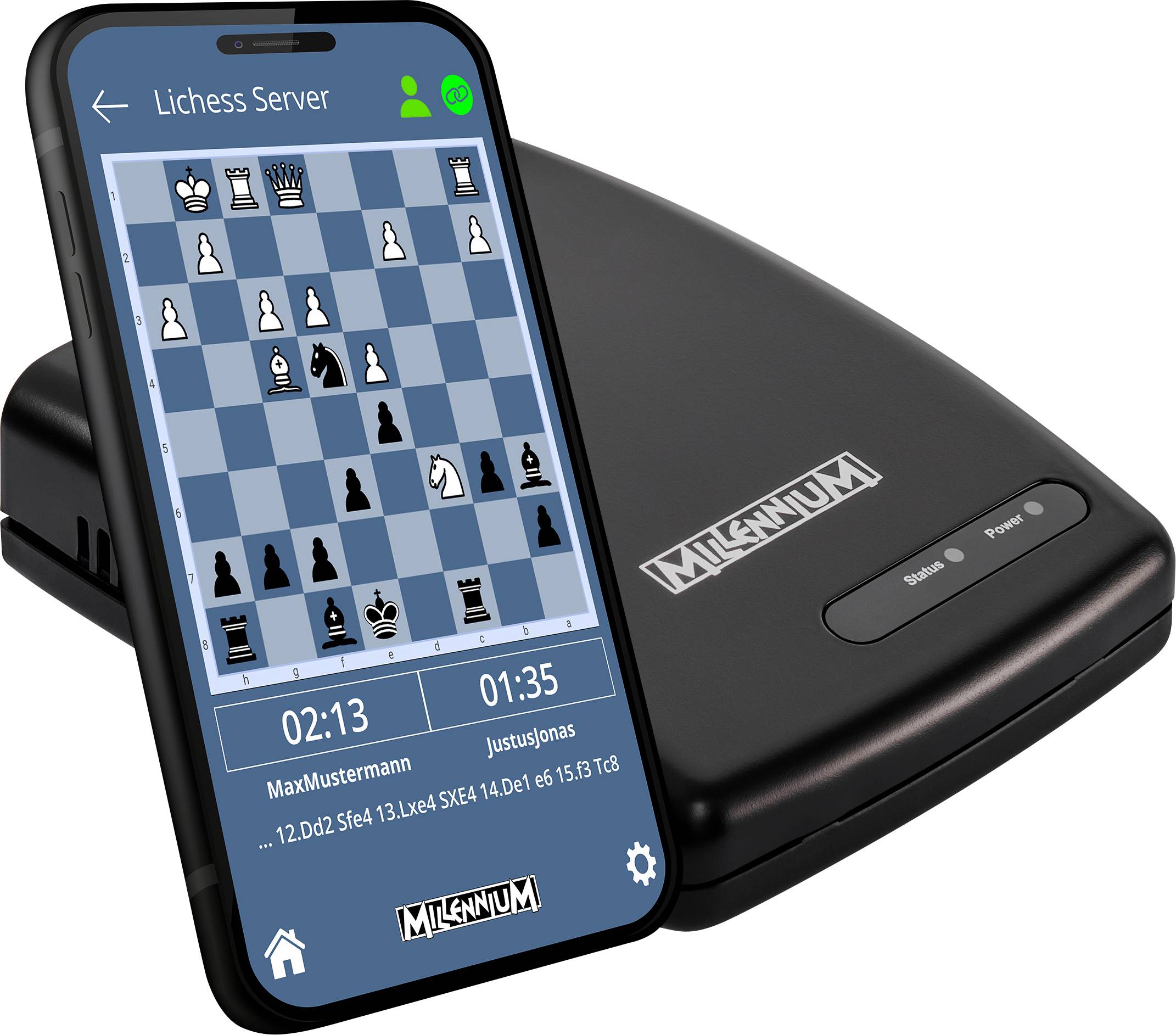 Smartphone mostra una partita di scacchi sul server Lichess, dispositivo nero sullo sfondo. Giocatori: MaxMustermann e Justusjonas con indicazione dei tempi.