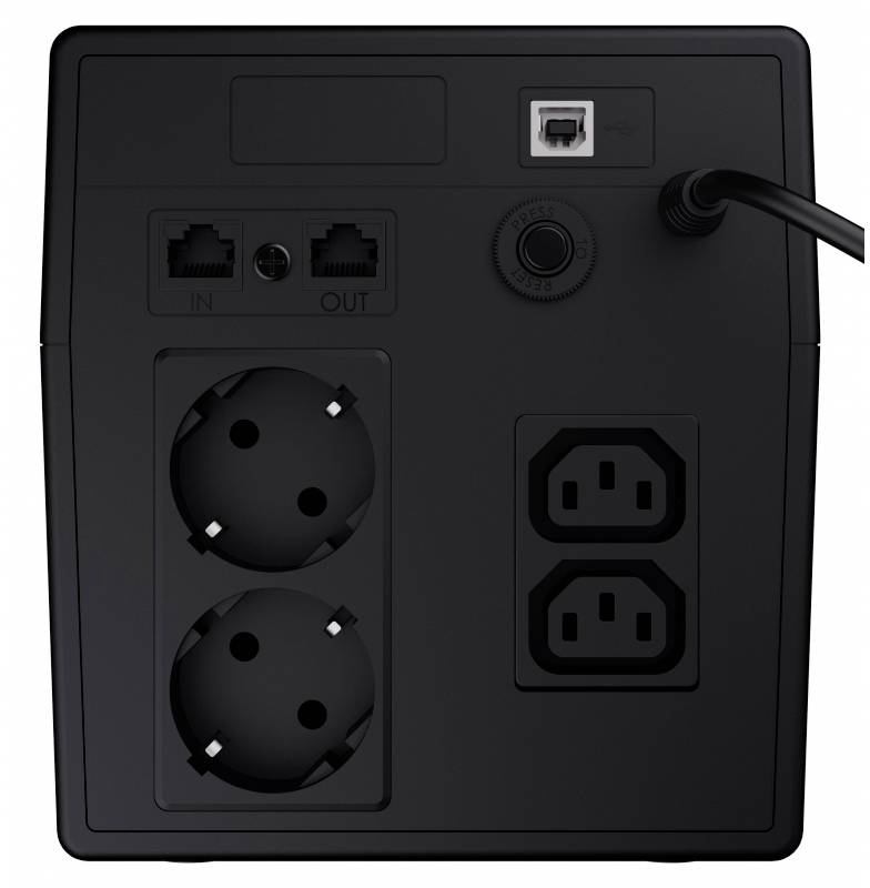 Retro di un dispositivo UPS nero con due prese rotonde, due prese rettangolari, connessioni di rete e porta USB.