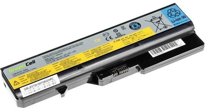 Batteria per laptop con adesivo 'Green Cell', simboli di avvertenza e numero di serie. Forma rettangolare, adatta per dispositivi elettronici.