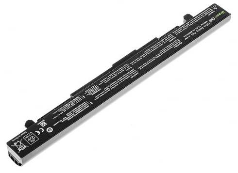 Batteria per laptop in forma rettangolare con informazioni testuali e simboli sulla superficie.
