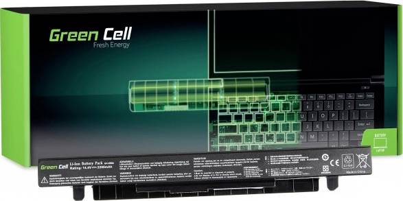 Confezione 'Green Cell' che mostra batteria e schema della tastiera del laptop. Testo: 'Fresh Energy', contiene specifiche tecniche.