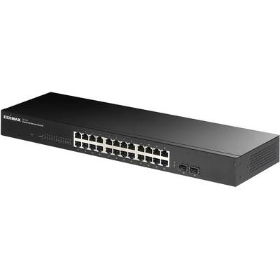 Un switch di rete nero con 24 porte Ethernet e due ulteriori possibilità di connessione, idoneo per applicazioni di rete professionali.