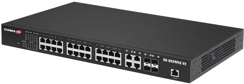 Un switch di rete nero con 24 porte Ethernet e porte SFP aggiuntive, idoneo per la gestione della connettività di rete.