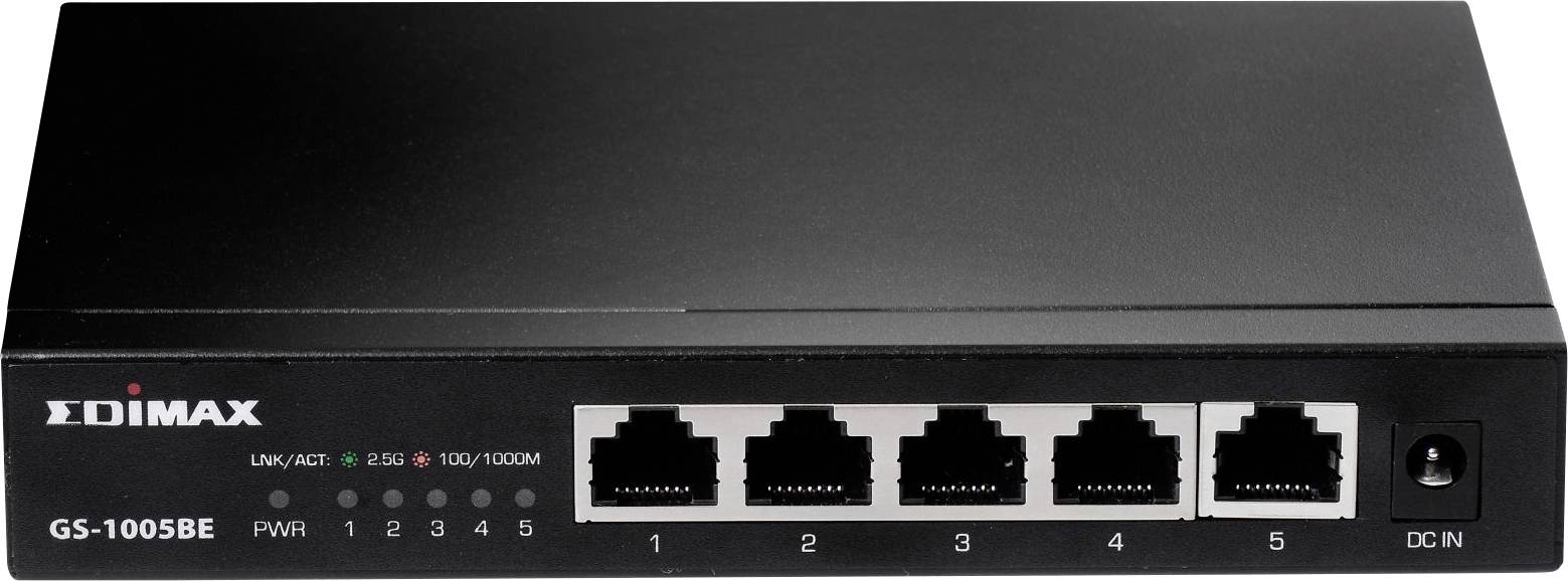 Un switch di rete nero con cinque porte Ethernet, etichettate da 1 a 5. Le spie luminose indicano lo stato della connessione.