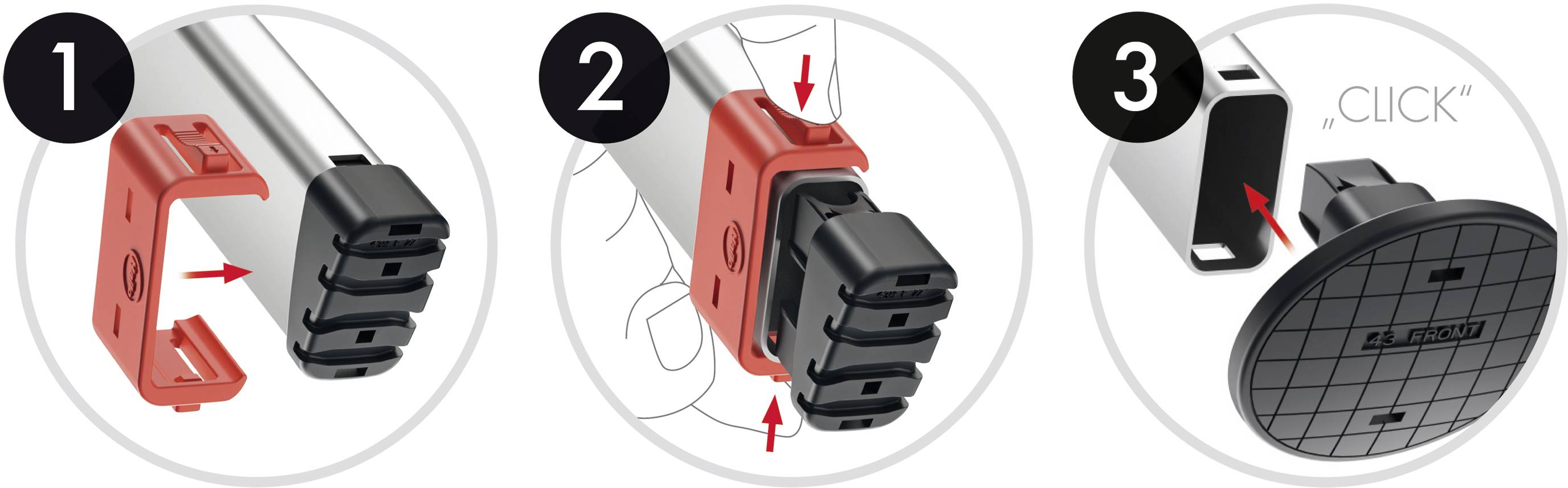 Tre passaggi per montare un'asta: 1. Applicare il tappo finale, 2. Inserire il fermo, 3. Bloccare la sicurezza con un 'CLICK'.