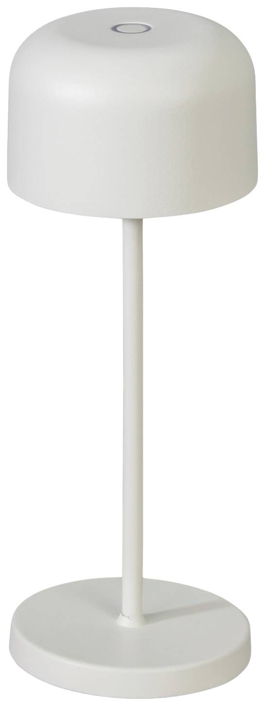 Lampada da tavolo bianca, snella, con paralume rotondo e base stabile. Adatta per un design d'arredo moderno.