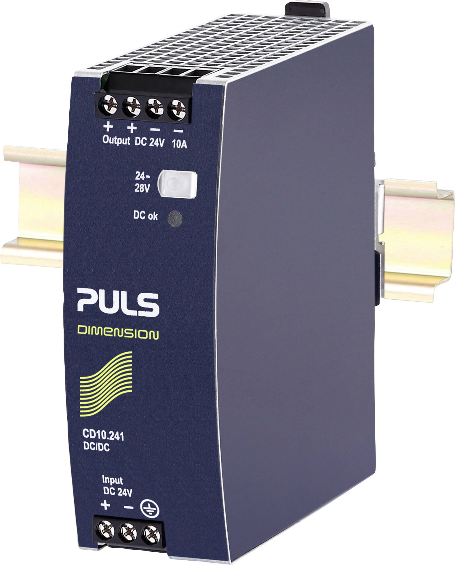 Un alimentatore per guida DIN PULS, modello Dimension CD10.241, per conversione DC/DC, ingresso 24V DC, uscita 24-28V DC con 10A.