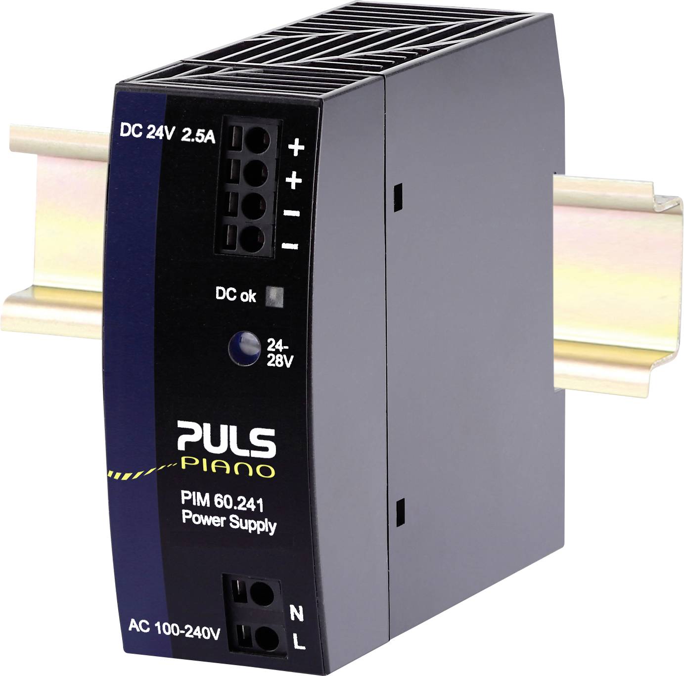 'PULS PIANO PIM 60.241' Alimentatore su guida DIN, eroga DC 24V, 2.5A. Mostra i connettori, polarità positiva e negativa e ingresso AC 100-240V.