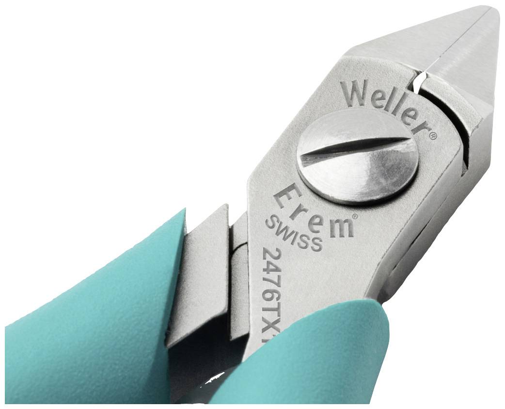 Primo piano di un tronchese di precisione Weller Erem, modello 2476TX, con impugnature blu e lama d'argento.