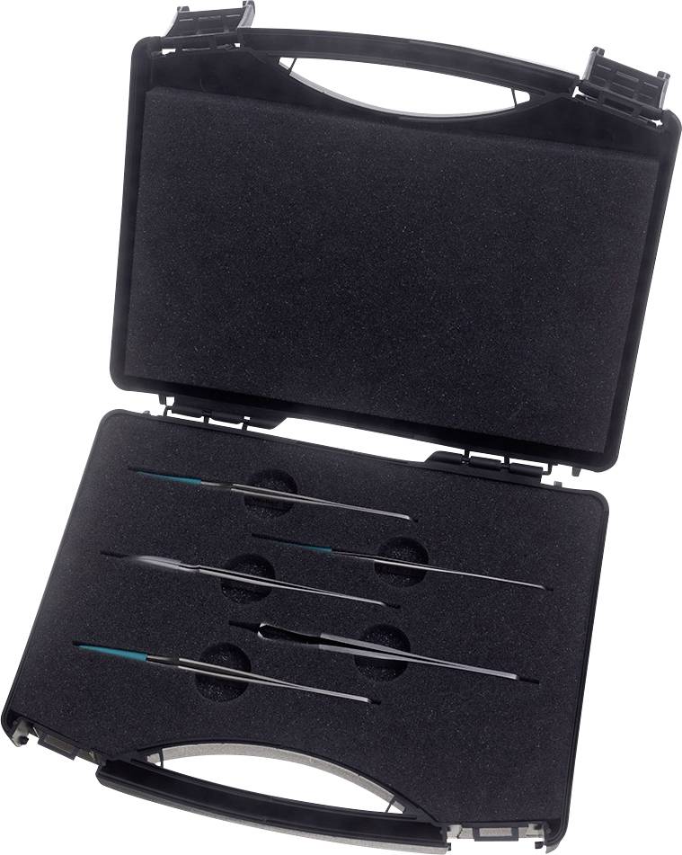 Una valigetta nera aperta con imbottitura in schiuma, in cui sono riposti con sicurezza diversi strumenti di precisione o strumenti chirurgici.