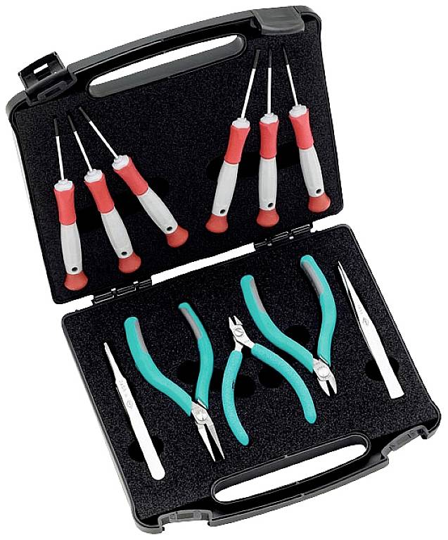 Un set di attrezzi con sei cacciaviti e quattro pinze. Le pinze sono di colore turchese e i cacciaviti hanno impugnature rosse.