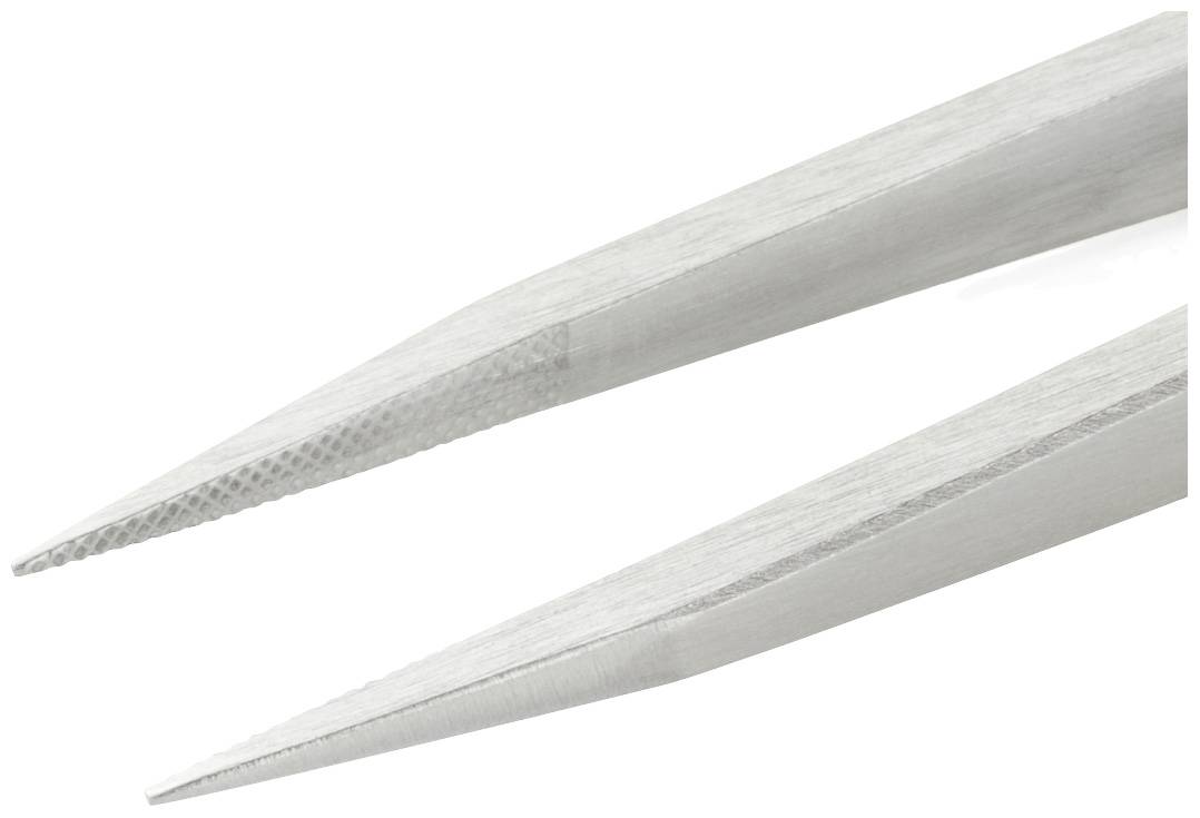 Due pinzette metalliche con punte sottili e appuntite, adatte per afferrare con precisione piccoli oggetti in ambienti di laboratorio o per lavori artigianali.