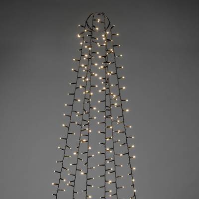 Catene luminose LED appese verticalmente, illuminano con una luce bianca calda su sfondo grigio. Ideali per decorazioni festive.