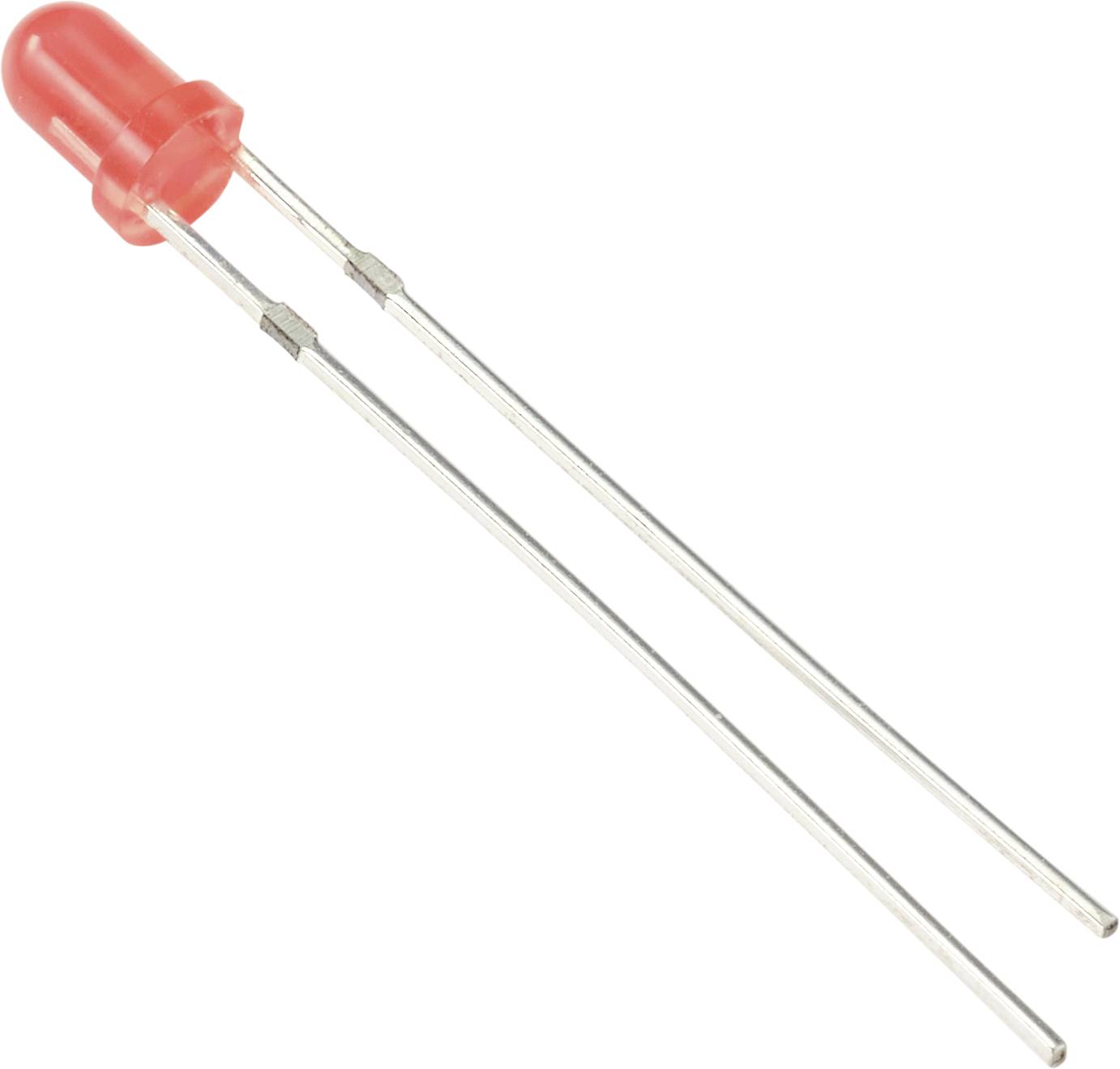 Diodo LED rosso con due piedini metallici, comunemente utilizzato nei circuiti elettronici per l'indicazione luminosa.