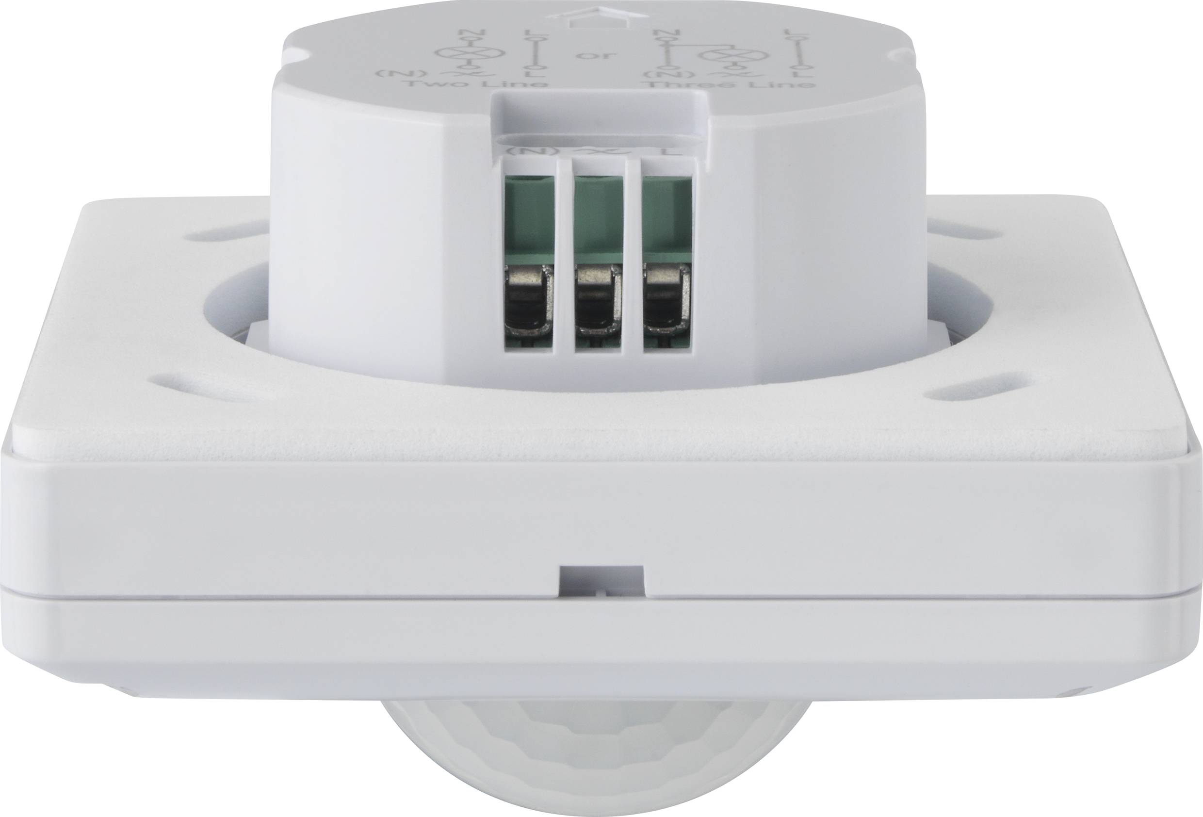 Un sensore di movimento bianco con supporto quadrato, idoneo per il montaggio a soffitto in ambienti interni, mostra i morsetti di connessione e l'obiettivo a infrarossi.