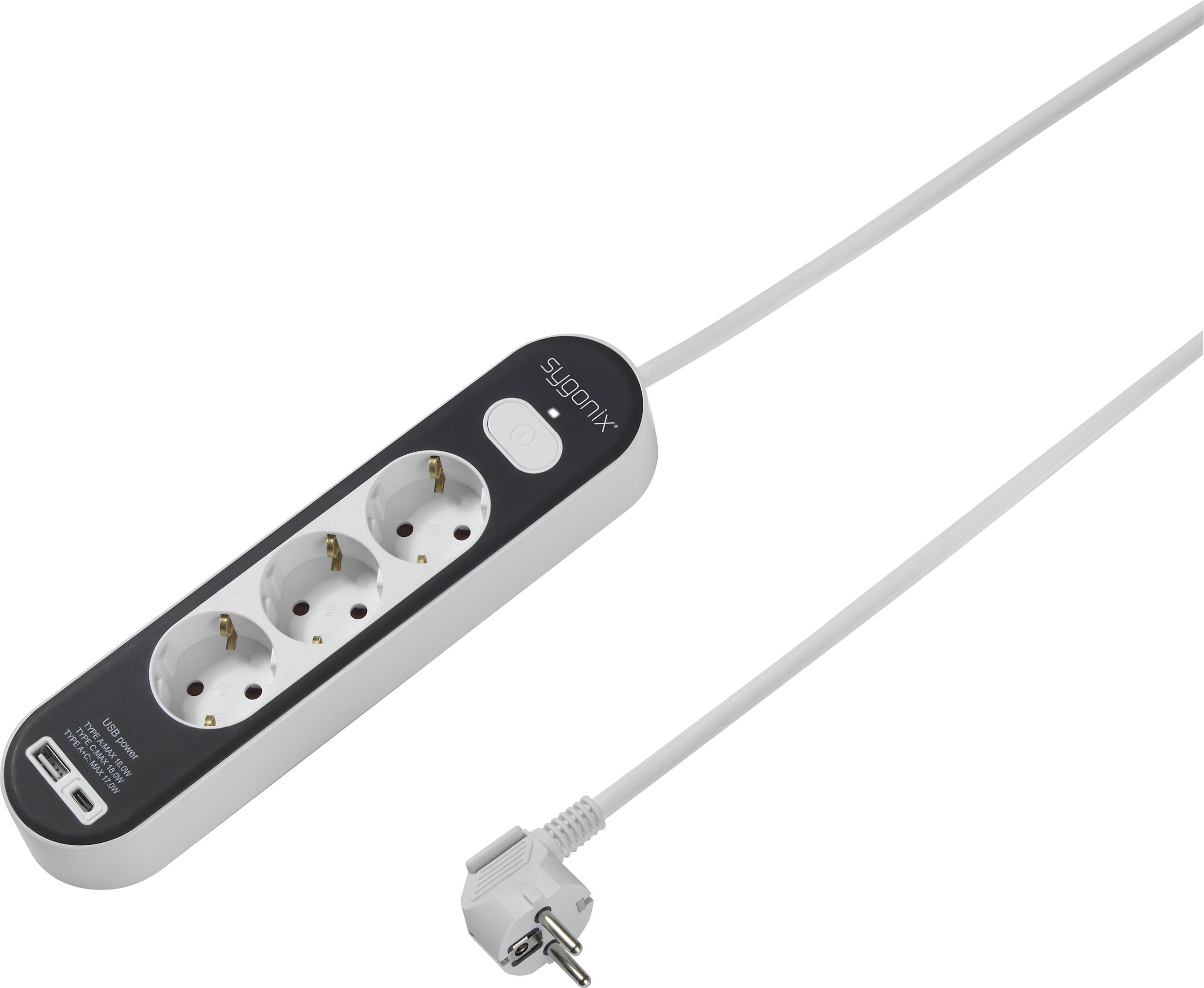 Multipresa con tre prese, una porta USB e cavo lungo. Ideale per l'uso in abitazioni e uffici.
