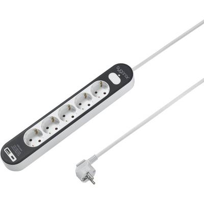 Un cavo di prolunga bianco con cinque prese, superficie nera, e interruttore.