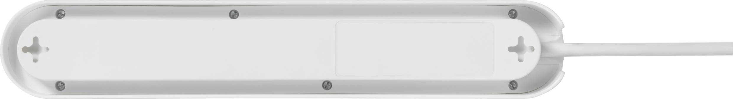 Multipresa bianca a sei prese, design piatto, senza cavi visibili, ideale per ambienti domestici moderni.