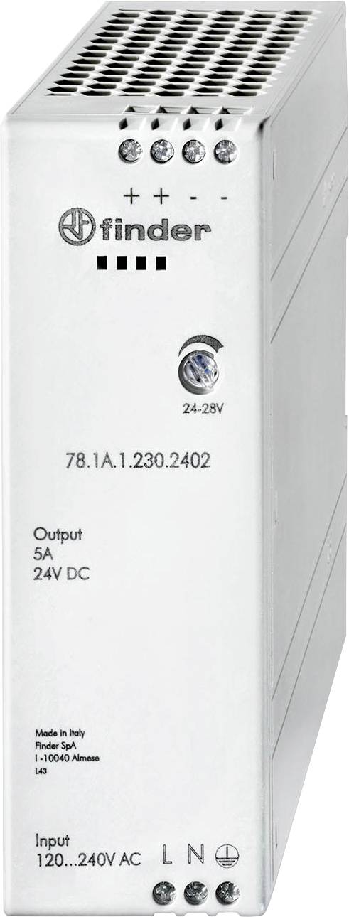 'Finder Alimentatore, Modello: 78.1A 1.230.2402. Uscita: 24V DC, 5A. Ingresso: 120-240V AC. Indicazione: 24-28V.'