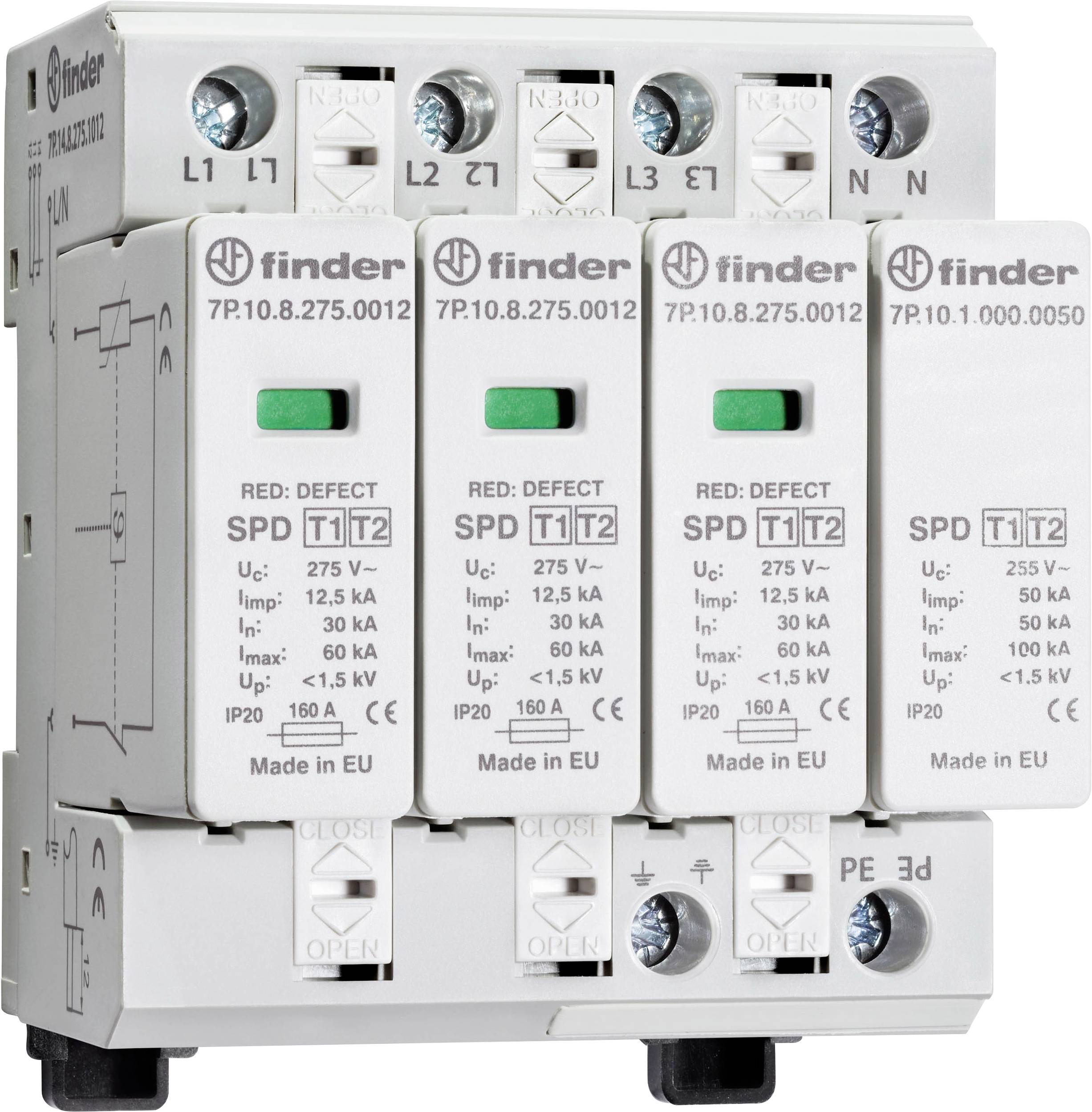Finder 7P.14.8.275.1012 7P.14.8.275.1012 Scaricatore di sovratensioni Protezione da sovratensioni per: Armadi di distribuzione 1 pz.