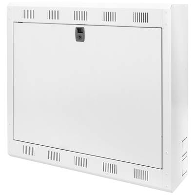 Sportello metallico bianco con fessure di ventilazione e una serratura. Utilizzato frequentemente come copertura per dispositivi tecnici o quadri elettrici.