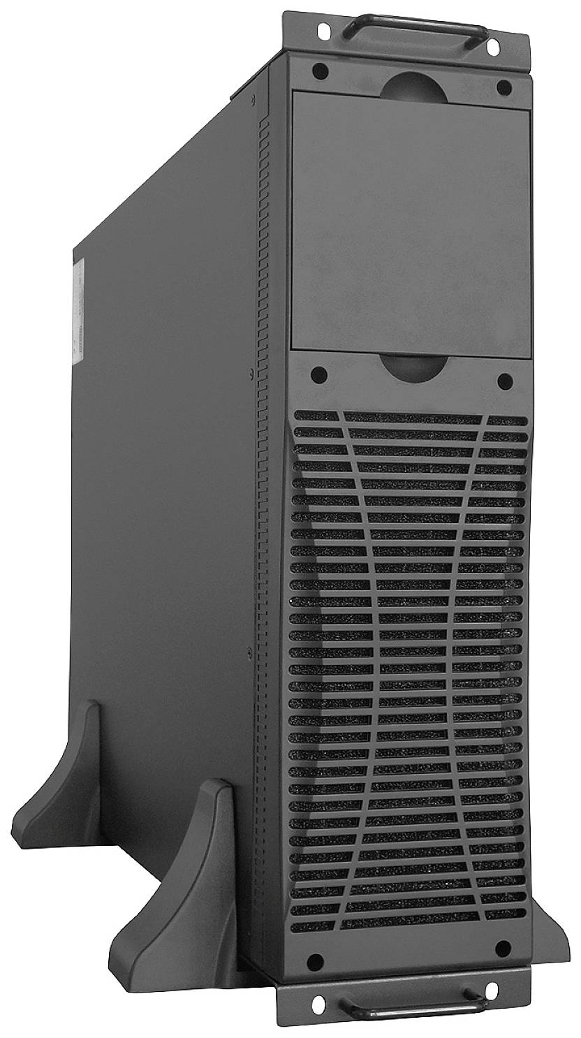 Server tower nero con fessure di ventilazione sul lato anteriore, posizionato lateralmente.