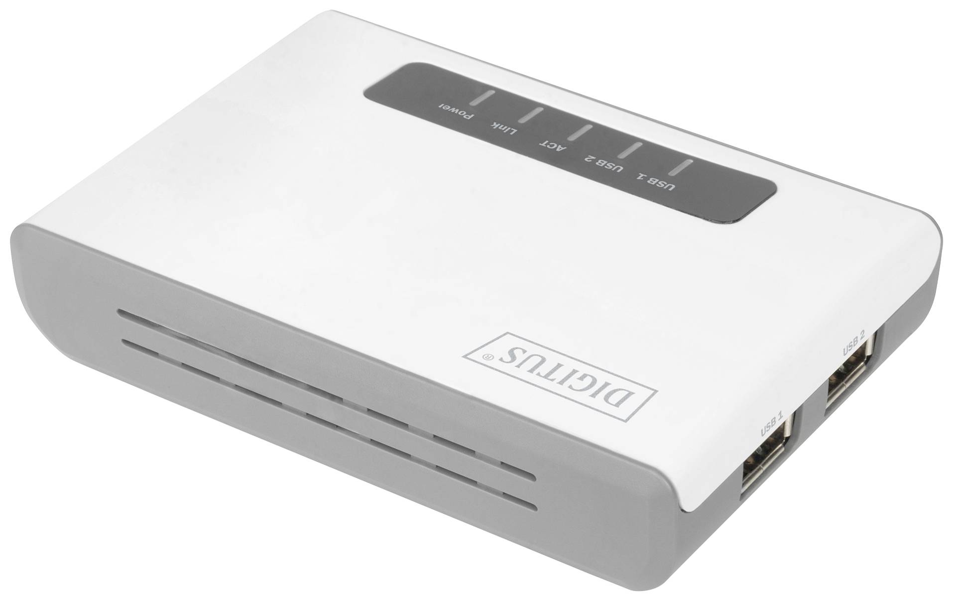 'Piccolo hub USB bianco con quattro porte e striscia grigia in alto.'