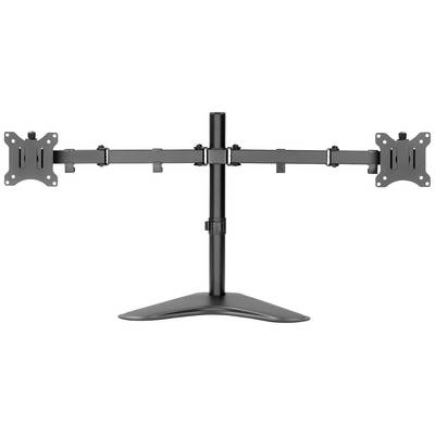 Supporto per monitor a due bracci in nero, adatto per due schermi. Bracci regolabili con base stabile per l'uso su scrivania.