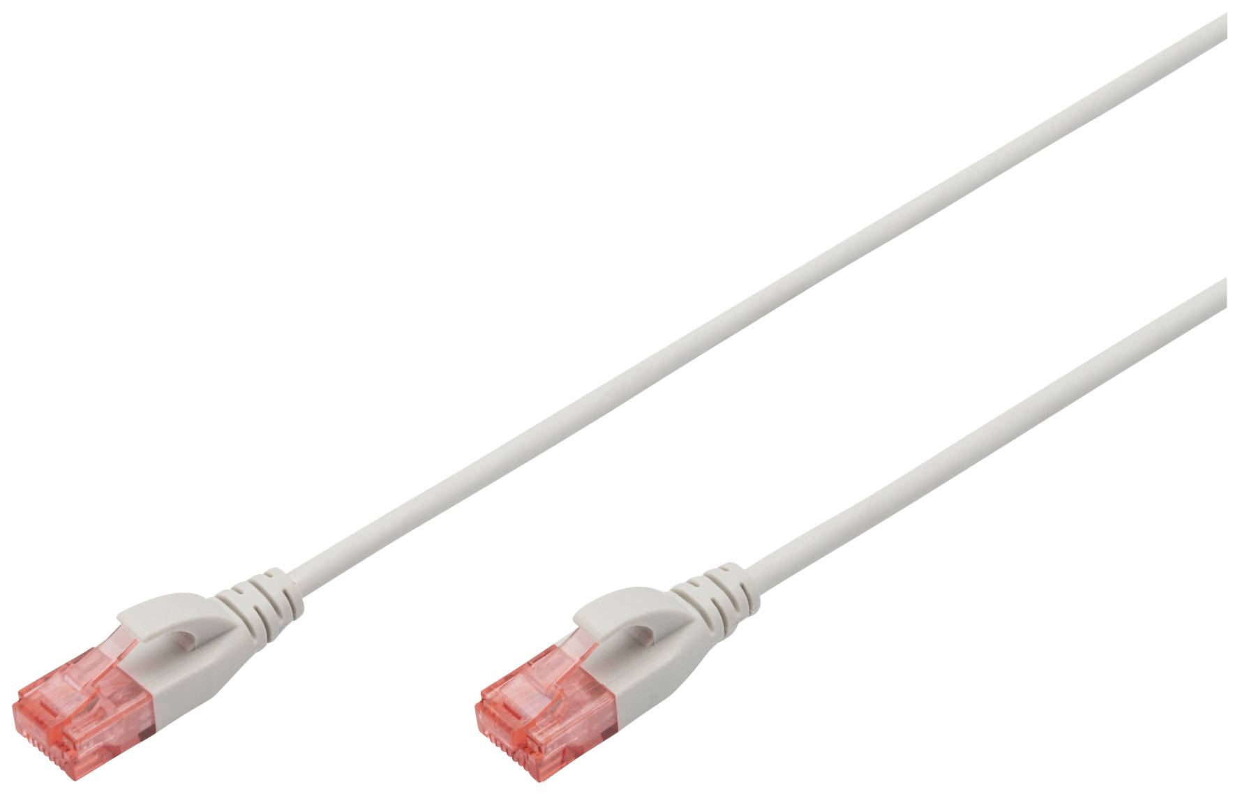 Un cavo di rete bianco con connettori RJ45 rossi alle estremità, idoneo per connessioni Ethernet.
