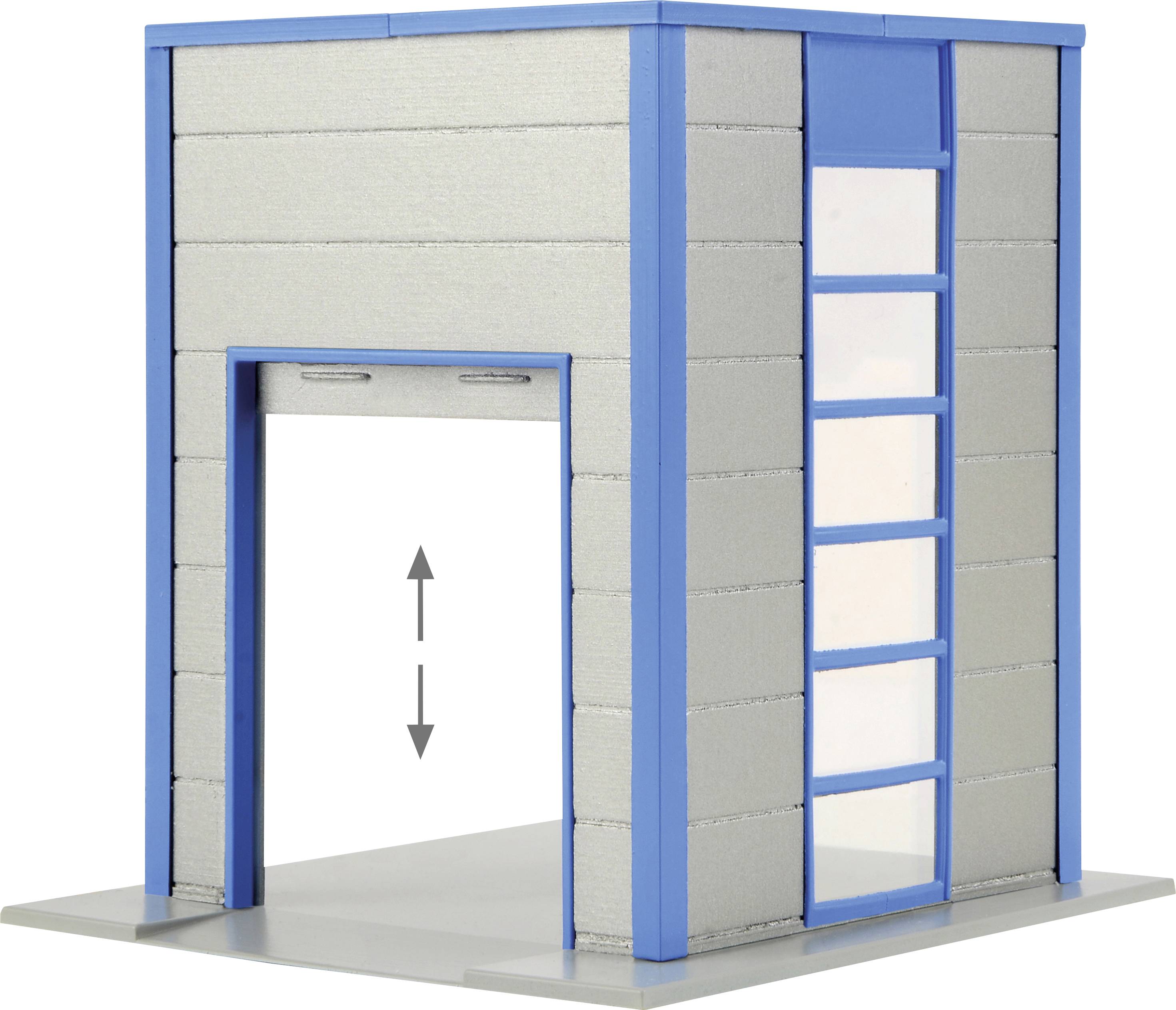 Modello di porta del garage grigio e blu con freccia verticale che indica la direzione di apertura. Le pareti hanno cornici blu.