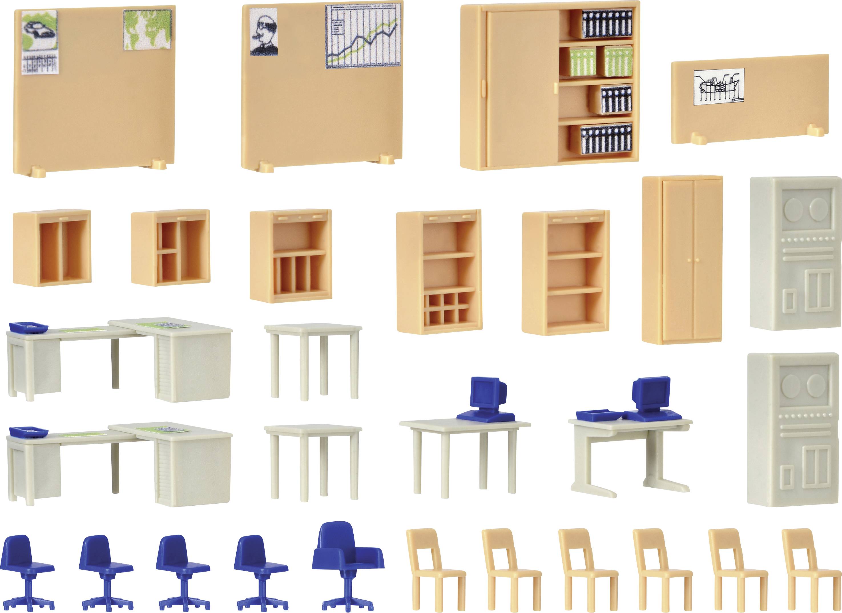 Mobili in miniatura per un ambiente ufficio: scrivanie con monitor, sedie, scaffali con cartelle e lavagne con diagrammi.