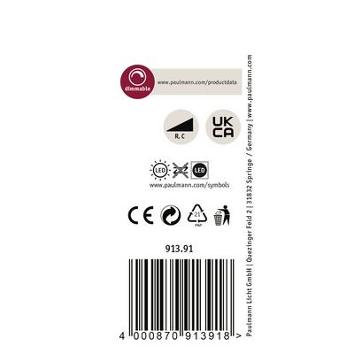 Etichetta con simboli LED regolabili, marcatura UKCA, codice a barre e sito web 'www.paulmann.com'.