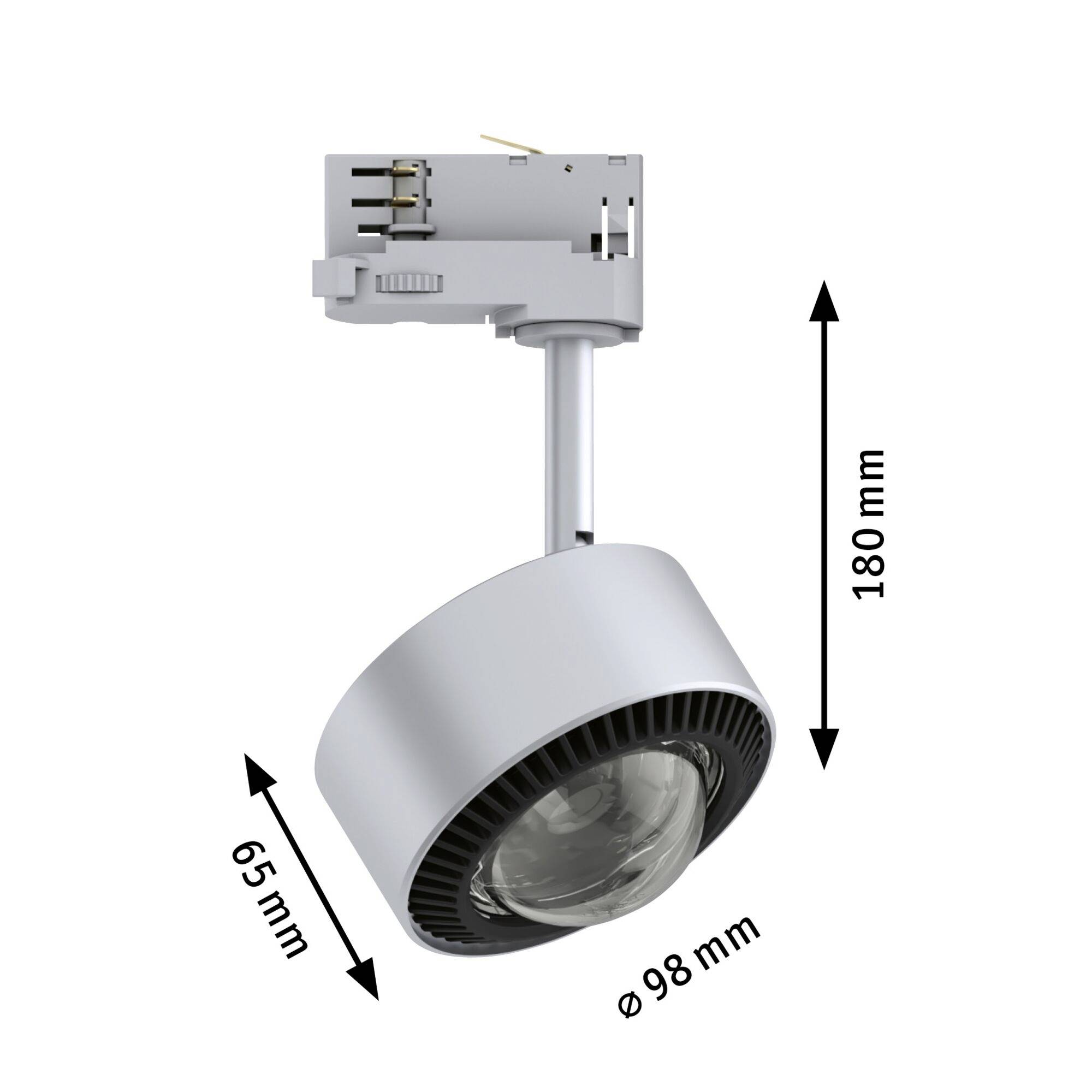 'Faretto da incasso a soffitto LED in argento, montato su un adattatore per binari. Dimensioni: Ø98 mm, lunghezza 180 mm, larghezza 65 mm.'