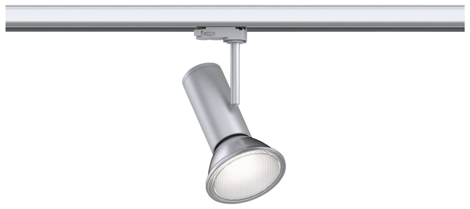 Una lampada argento su binario è montata su un supporto che scorre in un sistema a binario. La lampada è orientata verso il basso.
