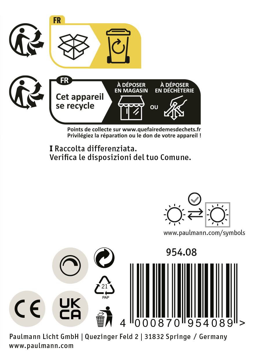 Cartello con informazioni sul riciclaggio: 'Questo dispositivo è riciclabile'. Istruzioni per lo smaltimento nei negozi. Simboli per materiali riciclabili.