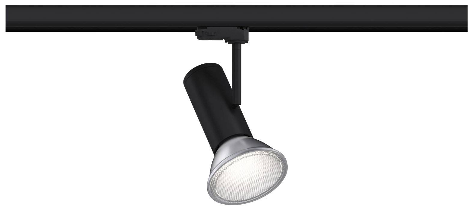 Un proiettore nero con testa lampada argentata è appeso al soffitto. Design regolabile per un'illuminazione mirata.
