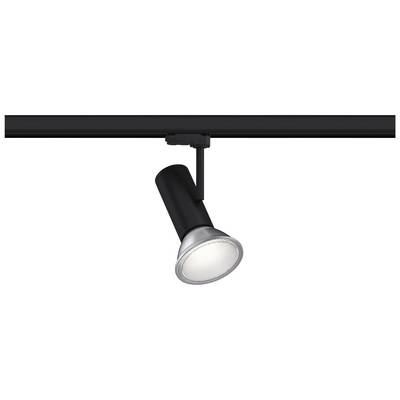Un proiettore nero con testa lampada argentata è appeso al soffitto. Design regolabile per un'illuminazione mirata.
