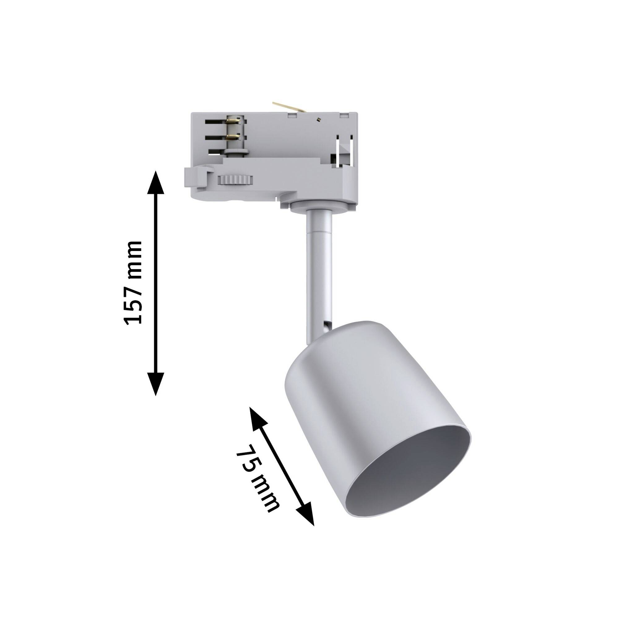 Una lampada d'argento con due misure di altezza: 157 mm per la base e 75 mm per il paralume.