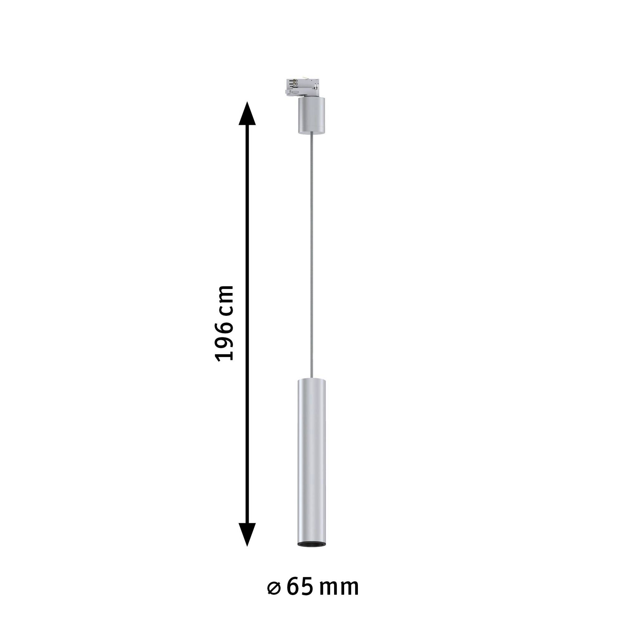 Lampada a sospensione in metallo con paralume cilindrico, diametro 65 mm, lunghezza totale 196 cm.