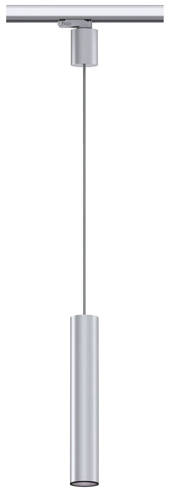 Lampada a sospensione LED argentata con design cilindrico sottile, appesa a una barra, ideale per interni moderni.
