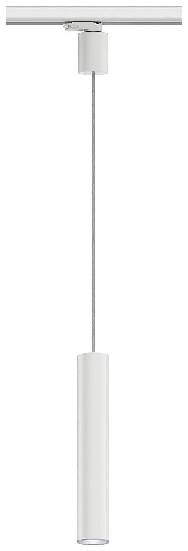 Lampada a sospensione bianca e cilindrica su binario, dal design moderno e essenziale. Ideale per l'arredamento minimista.