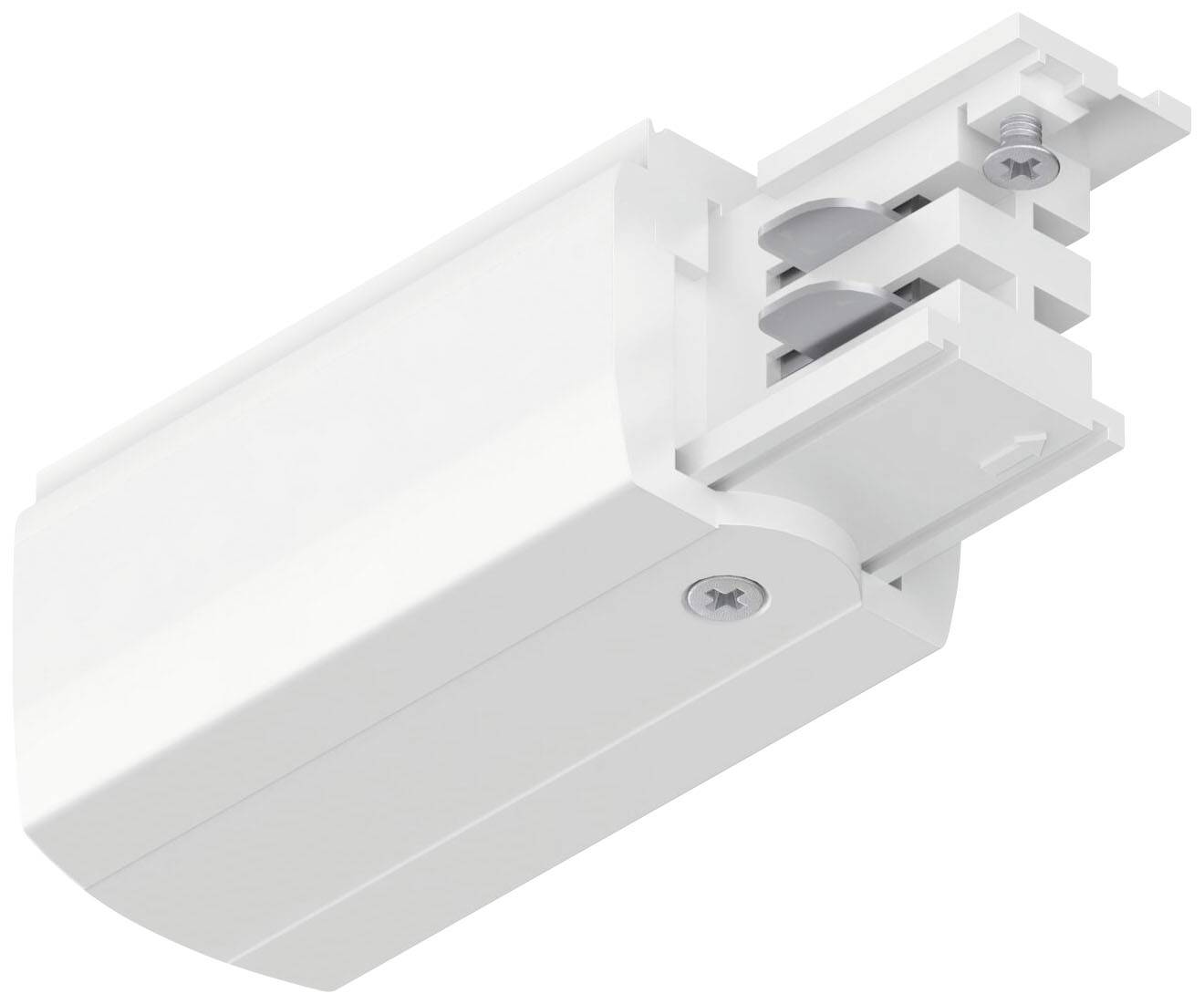 Connettore bianco per barre di alimentazione, rettangolare, con due viti, idoneo per il collegamento di sistemi di illuminazione.