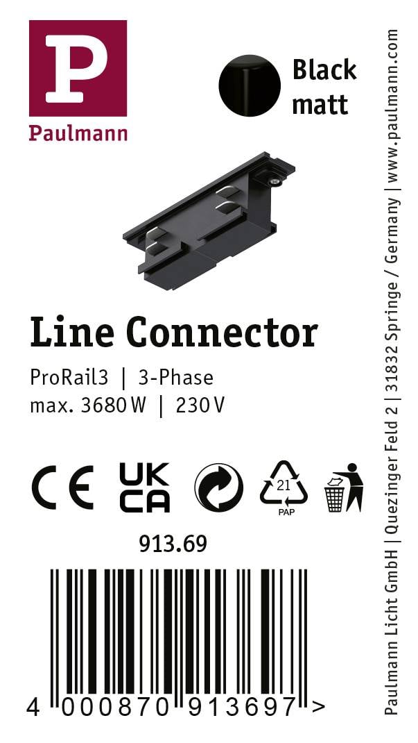'Cartello con immagine del prodotto di un connettore lineare nero opaco Paulmann per ProRail3, 3 fasi, max. 3680W, 230V.'