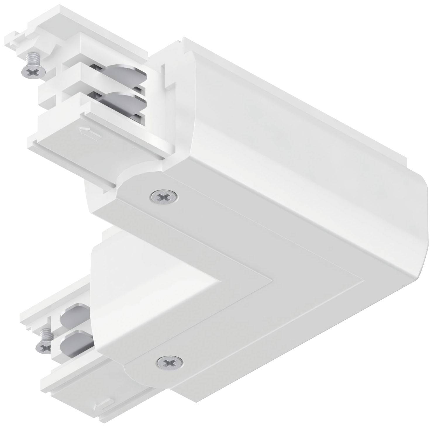 Raccordo elettrico bianco a forma di L per sistemi a binario, con due connessioni laterali dotate di viti per il fissaggio.