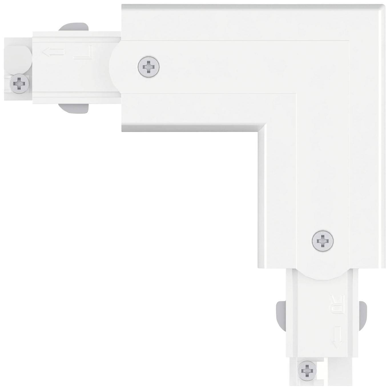 Elemento di giunzione bianco a forma di angolo per binari elettrici, con viti nei punti di connessione.
