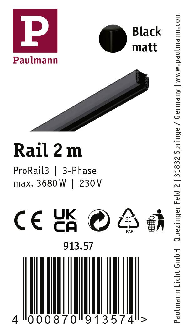 Etichetta di un profilo binario nero opaco da 2 metri. Dettagli: ProRail3, trifase, 3680W, 230V. Produttore: Paulmann.
