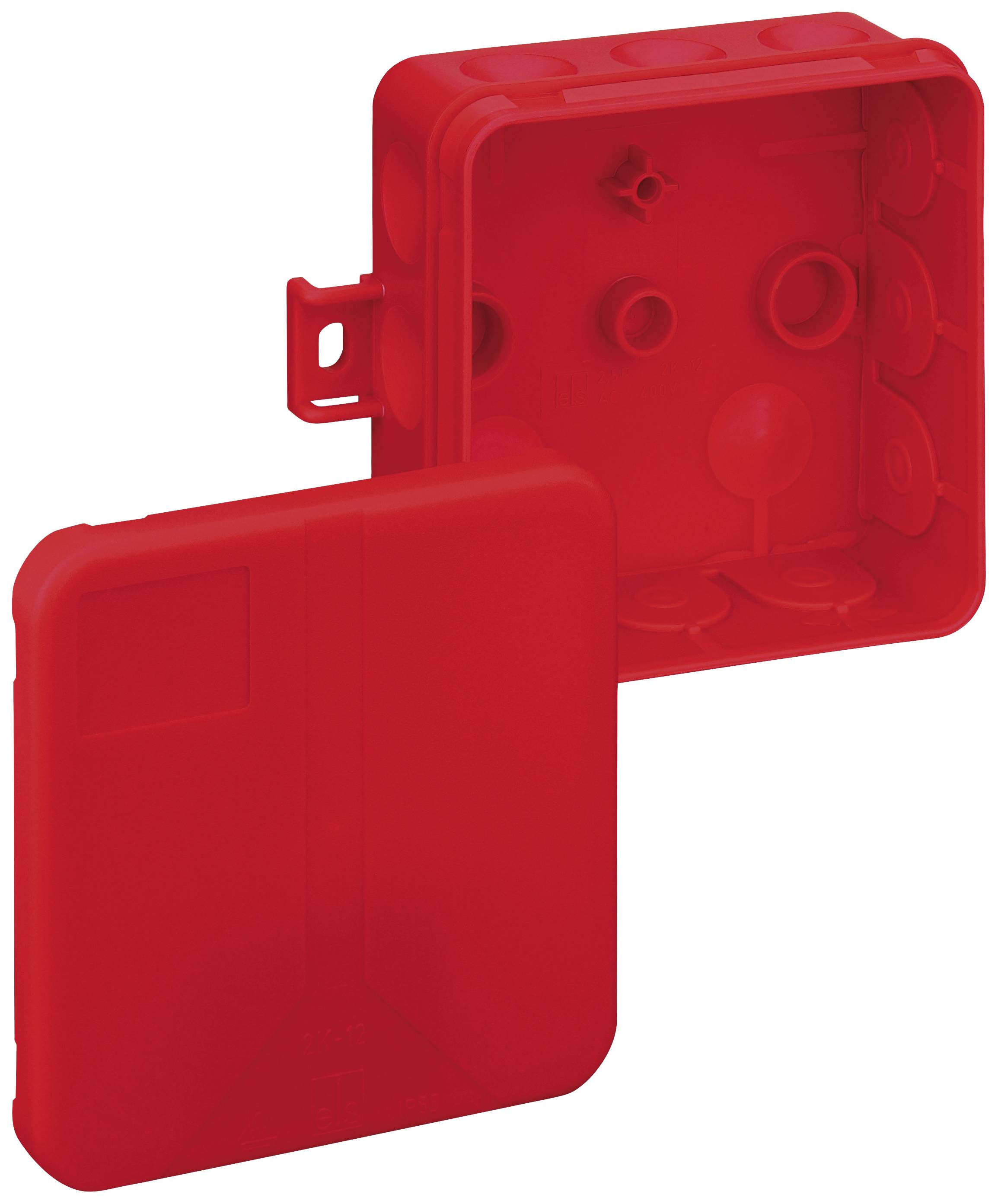 Coperchio e involucro quadrato rosso in plastica, probabilmente per installazioni elettriche, con coperchio removibile.