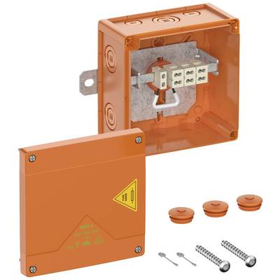 Presa elettrica arancione con coperchio rimovibile, contenente viti e guarnizioni. Adatta per installazioni elettriche interne.