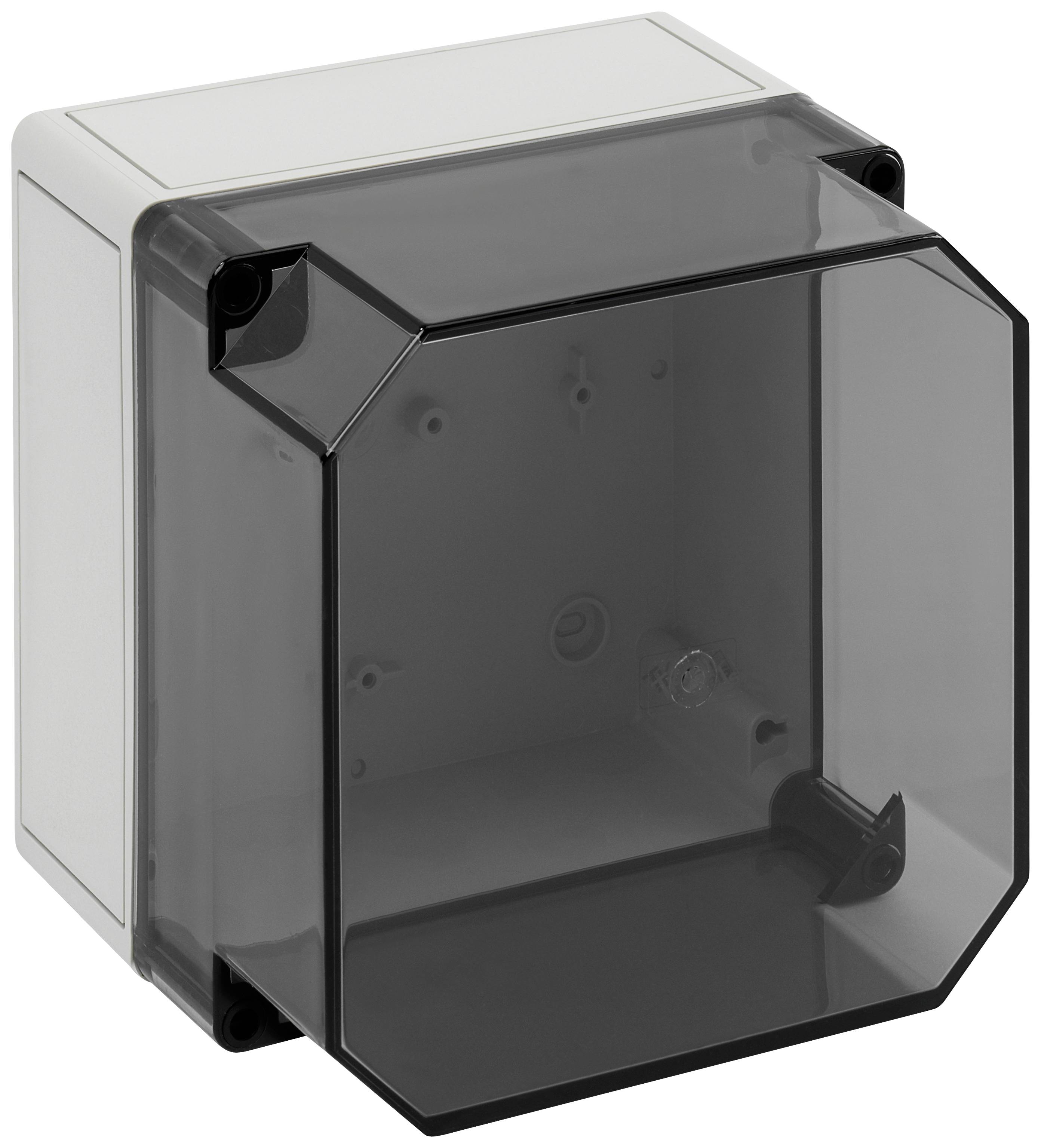 Contenitore elettronico con coperchio trasparente scuro e custodia robusta bianca. Adatto per la protezione di componenti elettrici.